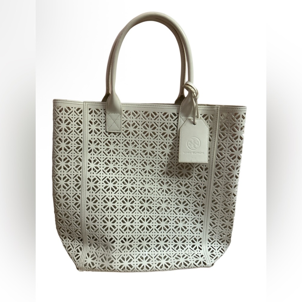 Tory Burch White Laser-Cut Leather Tote